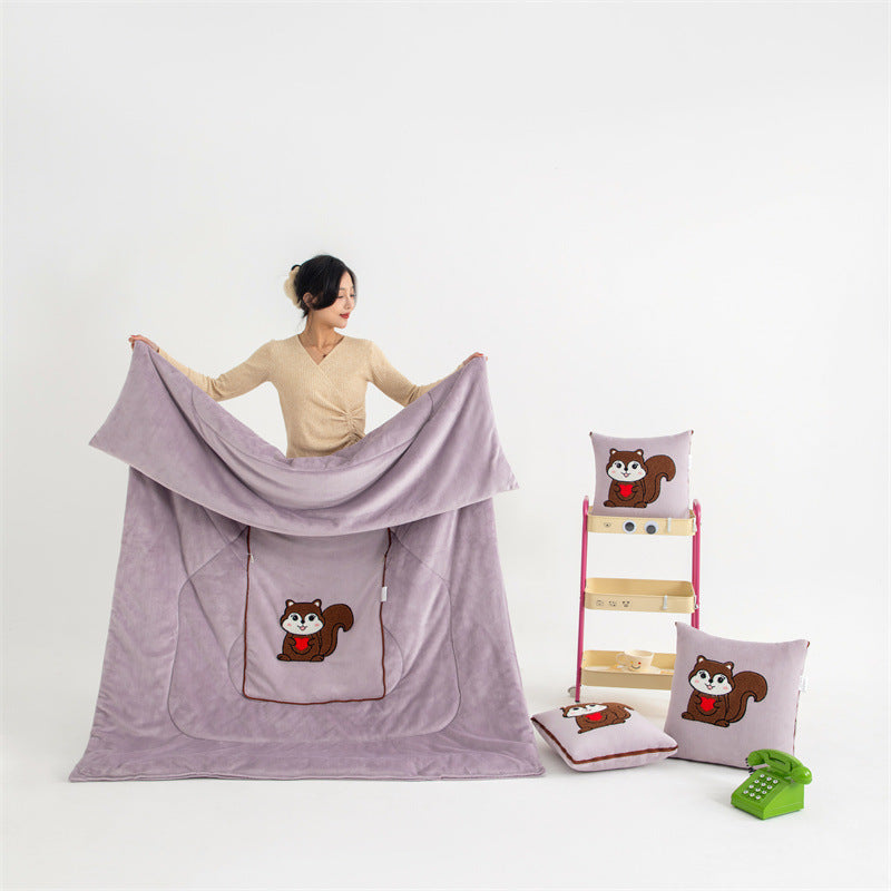 Light Pink Little Squirrel - 2-in-1 Foldable Car Pillow Blanket - Cozy 40x40cm Pillow, Unfolds to 100x150cm Blanket for Travel and Office Naps