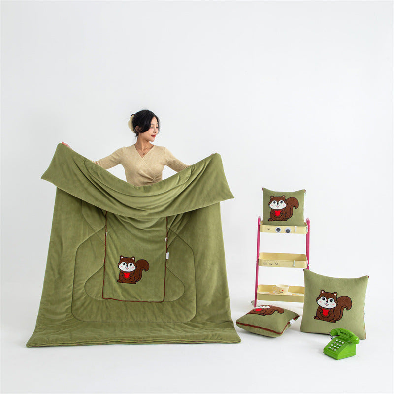 Green Little Squirrel - 2-in-1 Foldable Car Pillow Blanket - Cozy 40x40cm Pillow, Unfolds to 100x150cm Blanket for Travel and Office Naps