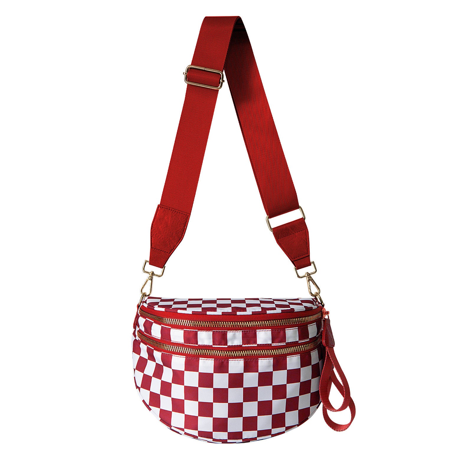 Red Checkered Trendy Sling Bag - Women's Crescent Crossbody Purse with Wide Adjustable Strap