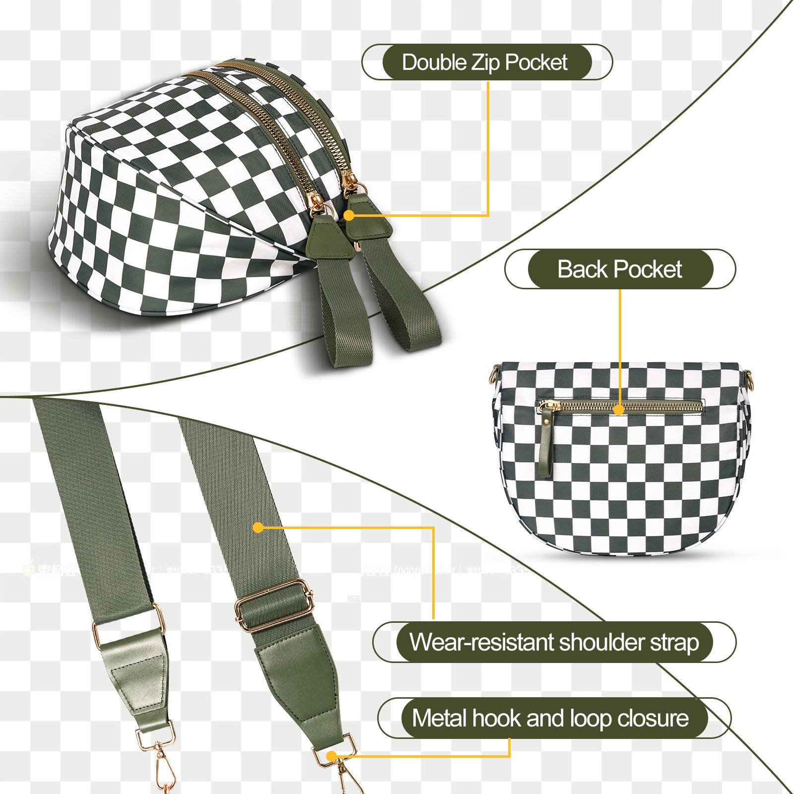 Coffee White Checkered Trendy Sling Bag - Women's Crescent Crossbody Purse with Wide Adjustable Strap 3