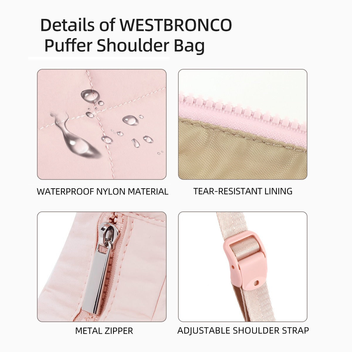 Pink Trendy Nylon Puffer Shoulder Bag for Women - Lightweight Large Capacity Underarm Tote 3