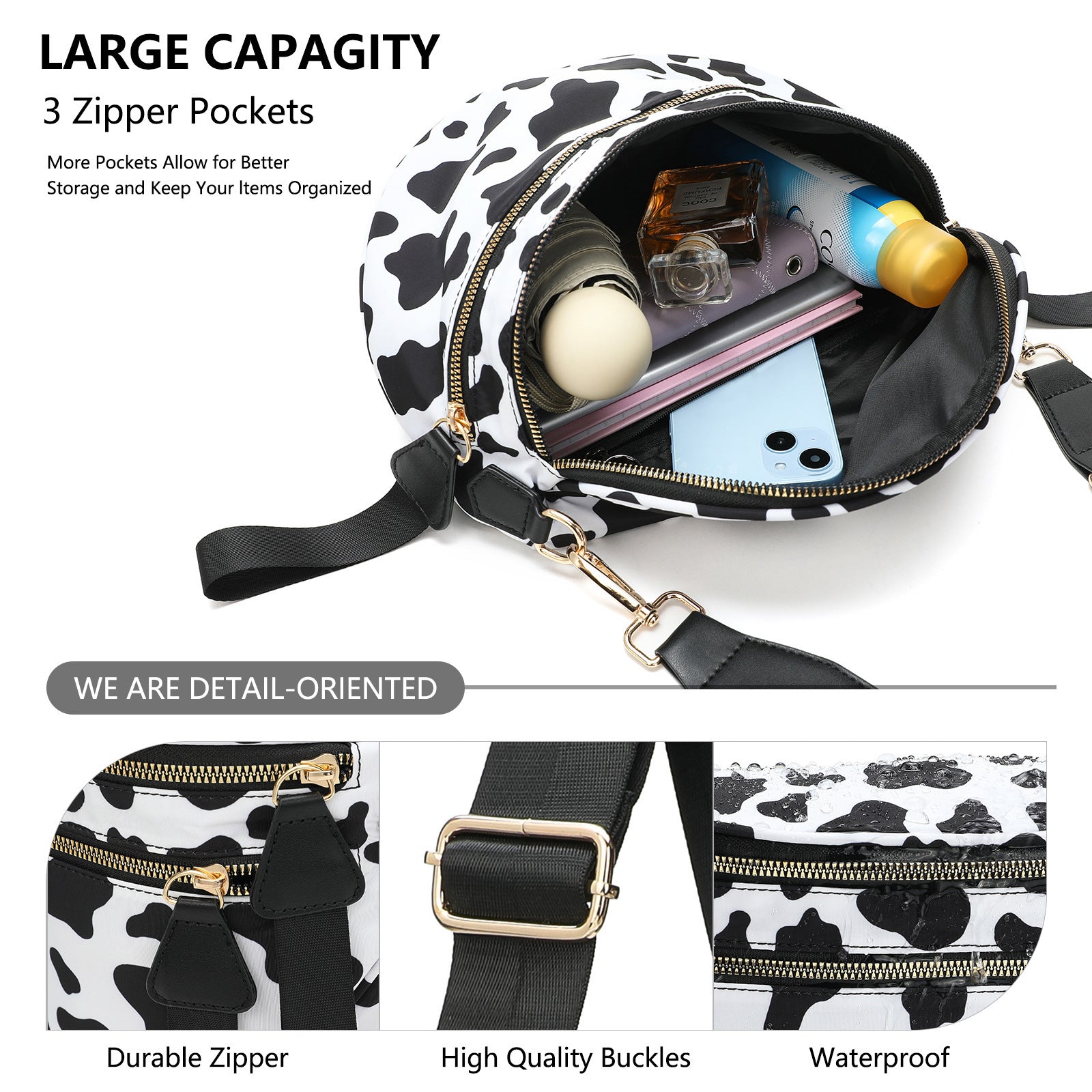 Black-white Checkered Trendy Sling Bag - Women's Crescent Crossbody Purse with Wide Adjustable Strap 4