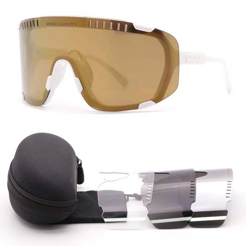 White Frame Tea Gold Tablet Oversized Shield Cycling Sunglasses - Wide Vision UV400 Sports Eyewear for Road & MTB