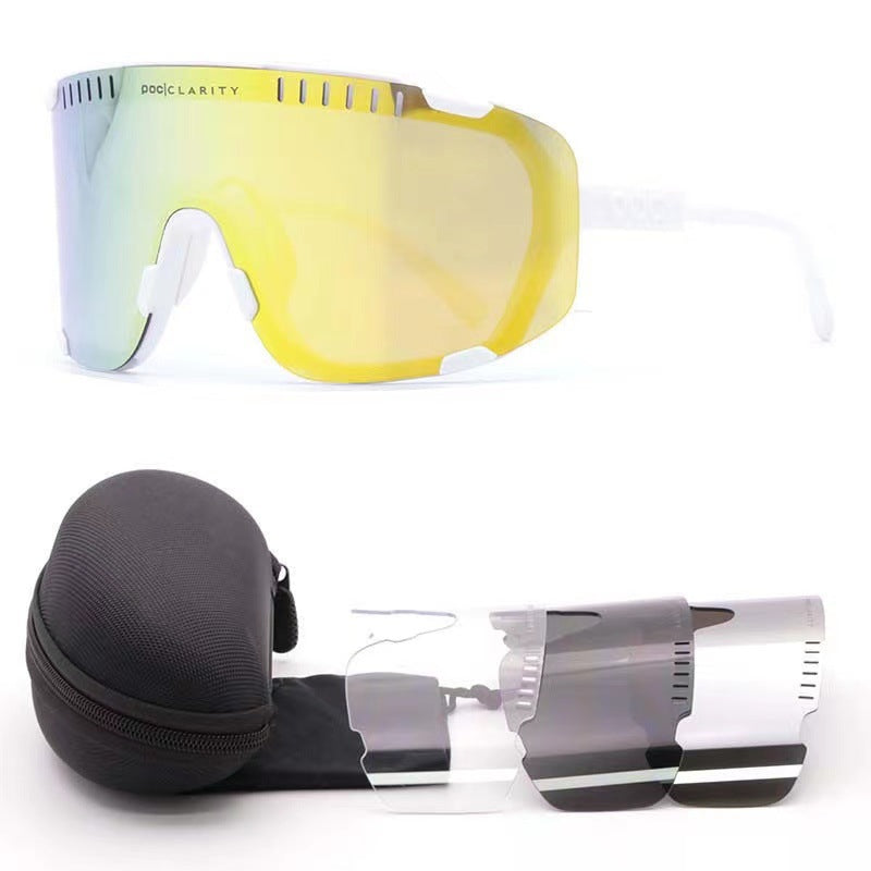 White Frame Gold Tablet Oversized Shield Cycling Sunglasses - Wide Vision UV400 Sports Eyewear for Road & MTB