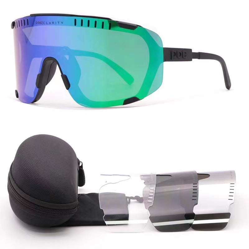 Black Frame Green Tablet Oversized Shield Cycling Sunglasses - Wide Vision UV400 Sports Eyewear for Road & MTB