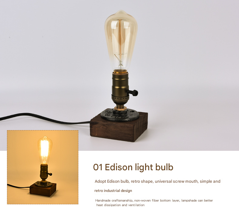 Rustic Industrial Table Lamp Vintage Wooden Base Accent Light 3