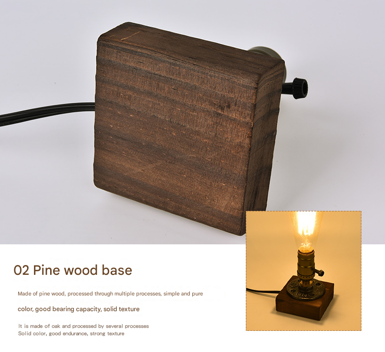 Rustic Industrial Table Lamp Vintage Wooden Base Accent Light 4