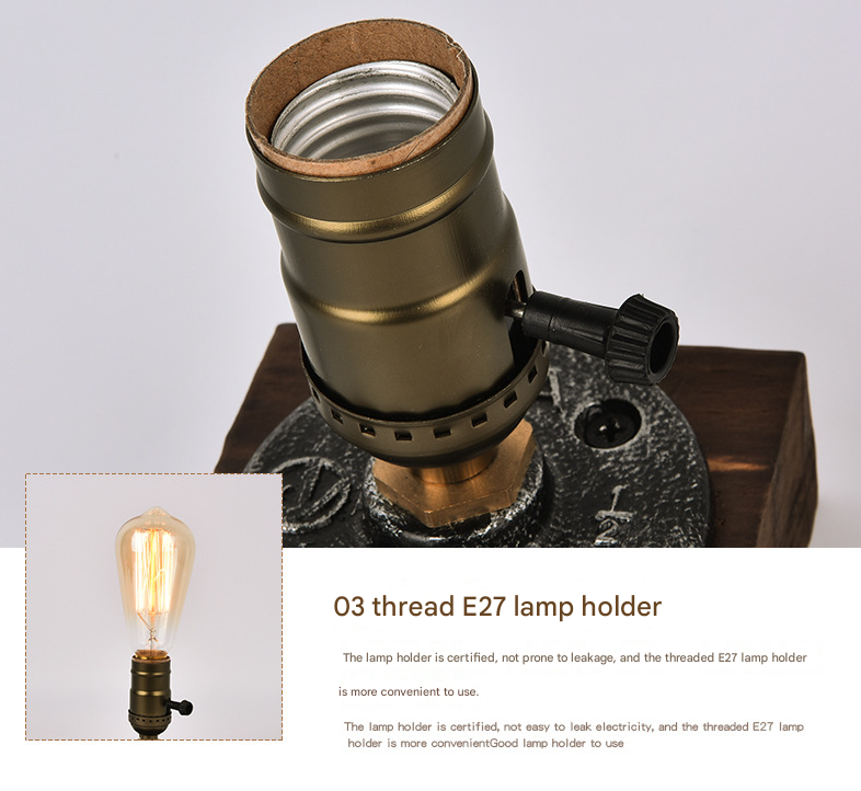 Rustic Industrial Table Lamp Vintage Wooden Base Accent Light 5