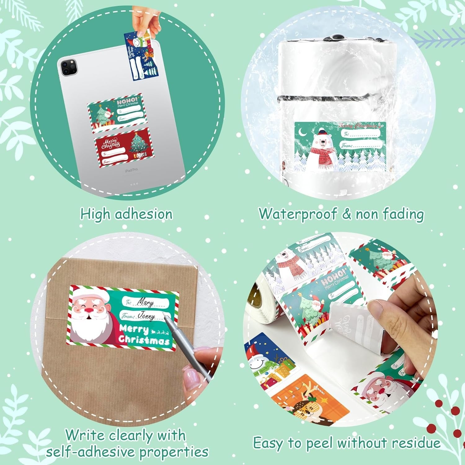 Set of 4 Christmas Gift Tag Sticker Rolls - 2000 Self-Adhesive Labels for Presents 3