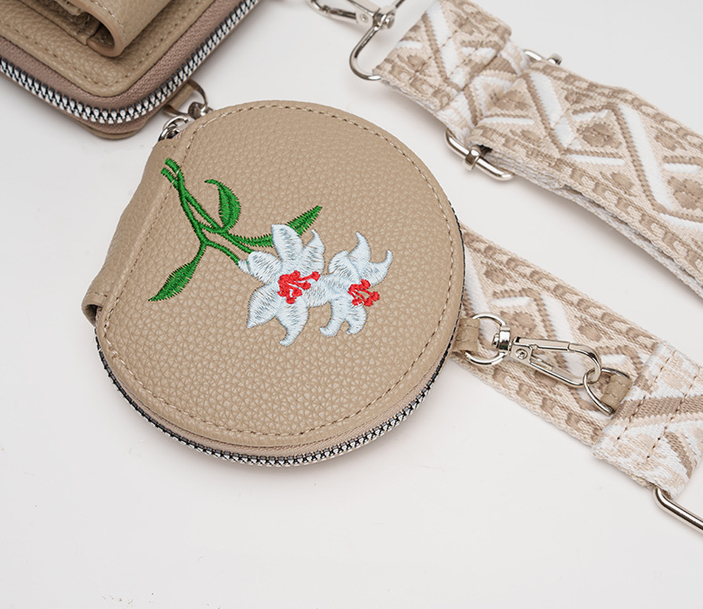 Beige Chic Floral Embroidered 2-in-1 Crossbody Phone Bag with Coin Purse 3