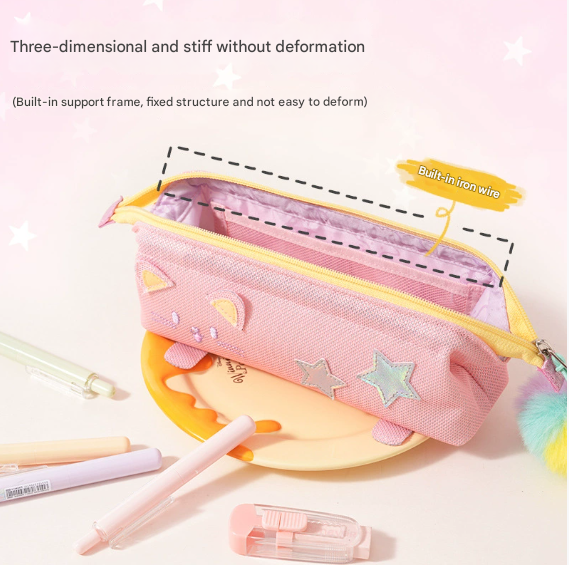 Green Cute Cat Pencil Case for Girls - Large Capacity Sparkly Stationery Pouch with Fluffy Pom Pom 3