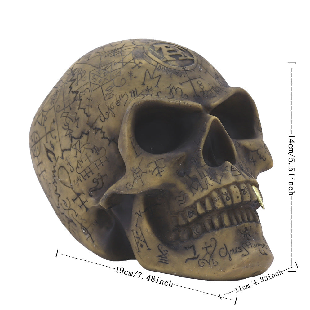 Mystic Runic Skull Statue with Gold Fang - Hand-Painted Resin Figurine for Gothic & Halloween Decor 3