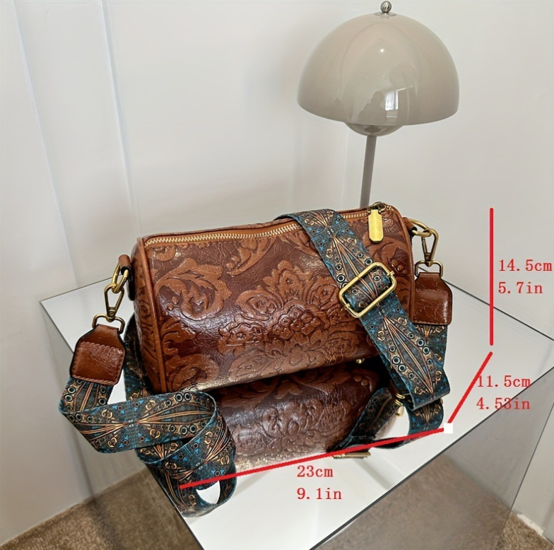 Brown Vintage Embossed Crossbody Barrel Bag with Wide Adjustable Guitar Strap 3