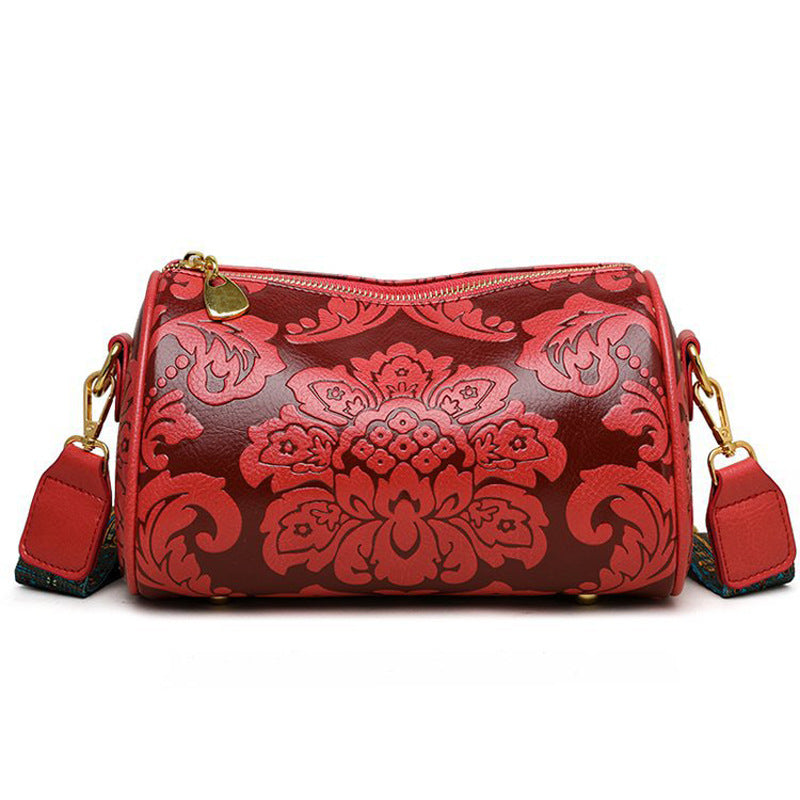 Red Vintage Embossed Crossbody Barrel Bag with Wide Adjustable Guitar Strap