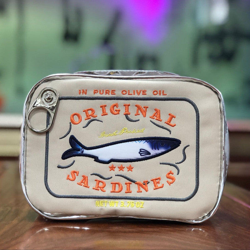 Beige Quirky Sardine Tin Novelty Clutch - Fun PU Leather Makeup & Accessory Pouch