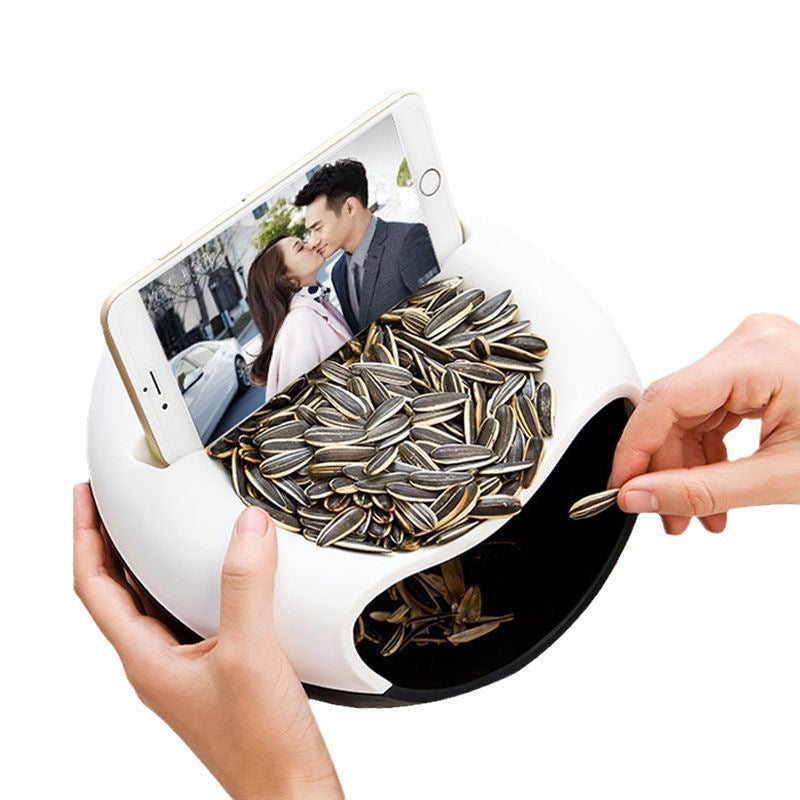 Black-white Creative Lazy Snack Bowl with Phone Holder - Dual-Layer Dish for Nuts & Seeds 3
