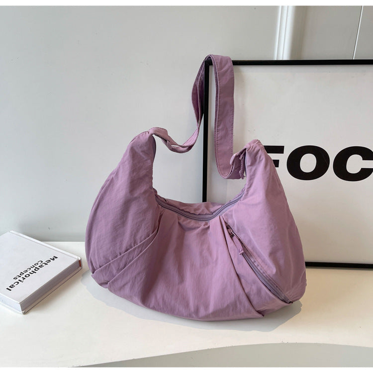 Purple Lightweight Crescent Crossbody Bag - Slouchy Nylon Hobo Purse for Casual Everyday Use