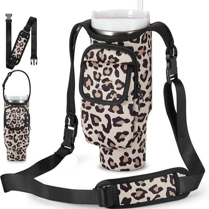 Leopard-print White Insulated Tumbler Carrier Pouch with Adjustable Strap & Pocket
