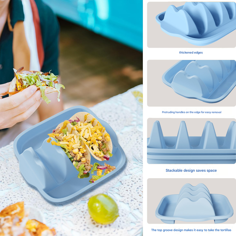 Light Blue Silicone Taco Holder Tray - Creative Non-Slip Corn Taco Serving Rack with 4 Compartments 4