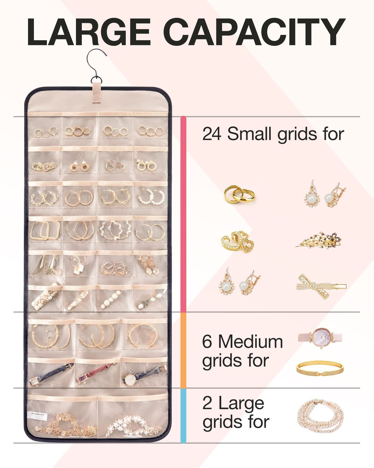 Black Hanging Jewelry Organizer - Closet Storage for Necklaces, Earrings, and Rings with Clear Pockets(14*33inch) 3