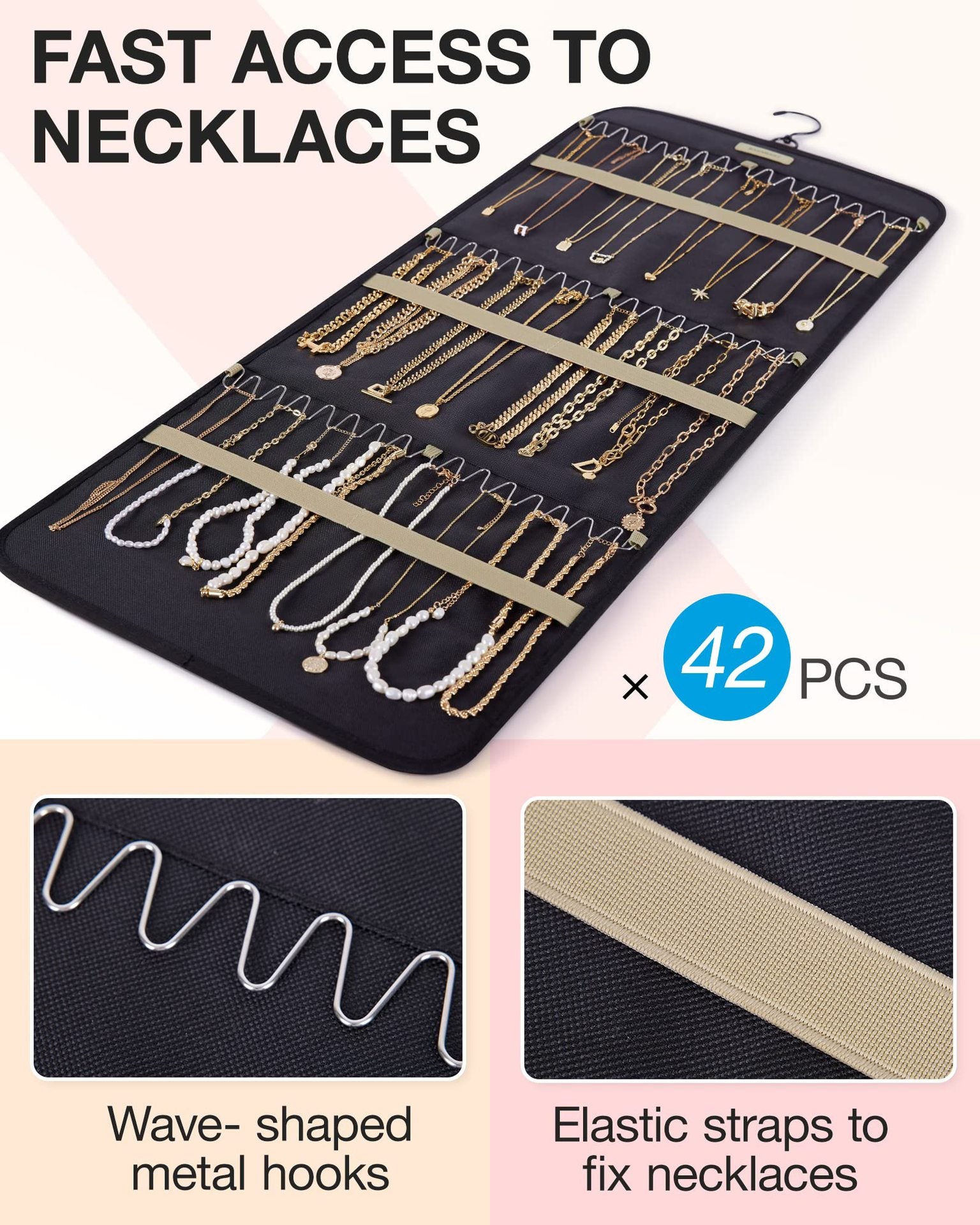 Pink Hanging Jewelry Organizer - Closet Storage for Necklaces, Earrings, and Rings with Clear Pockets(14*33inch) 4