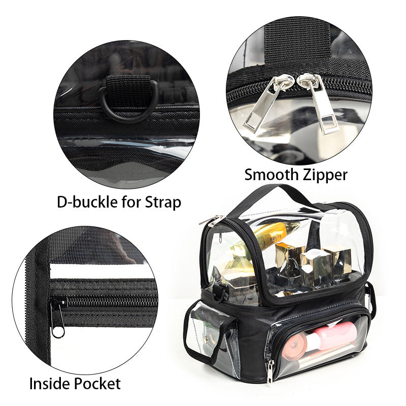 Black Professional Clear Makeup Case - Portable PVC Cosmetic Organizer with Adjustable Dividers & Shoulder Strap 3