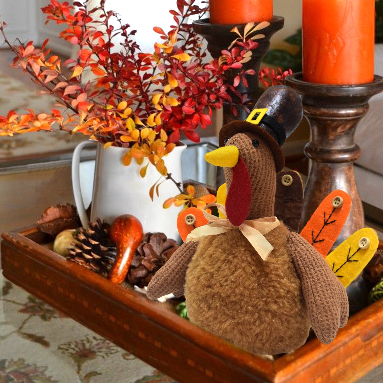 Brown Charming Thanksgiving Turkey Plush - Rustic Autumn Harvest Tabletop Decor Figurine 3