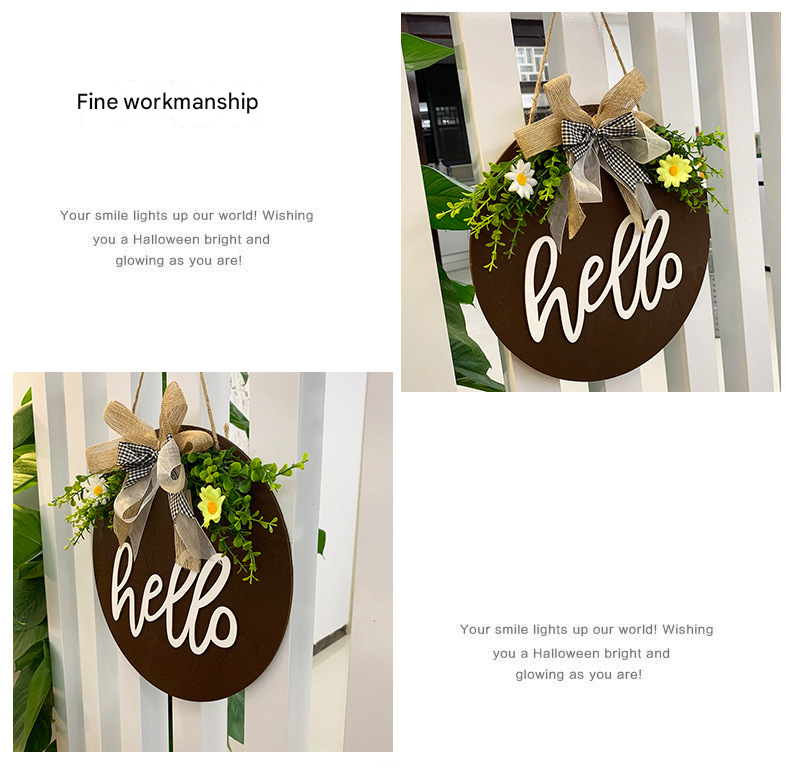 Brown Rustic 'Hello' Welcome Sign - Farmhouse Round Wooden Wreath for Front Door Decor 3