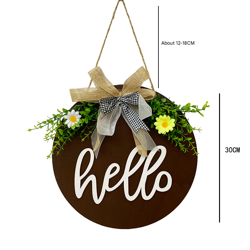 Brown Rustic 'Hello' Welcome Sign - Farmhouse Round Wooden Wreath for Front Door Decor 4