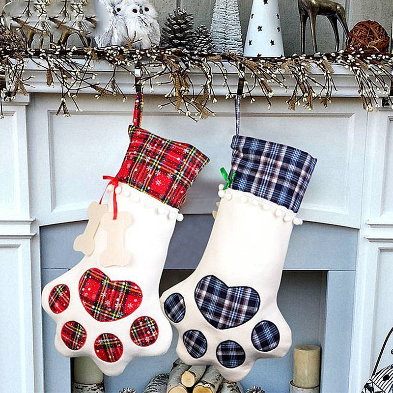 Red Large Plaid Dog Paw Christmas Stocking - Festive Fireplace Decor for Pet Lovers 4