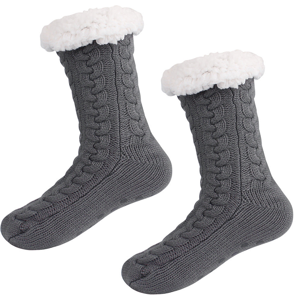 Grey  Women's Fuzzy Slipper Socks - Warm Fleece Lined Thermal Cable Knit Socks with Non-Slip Grips