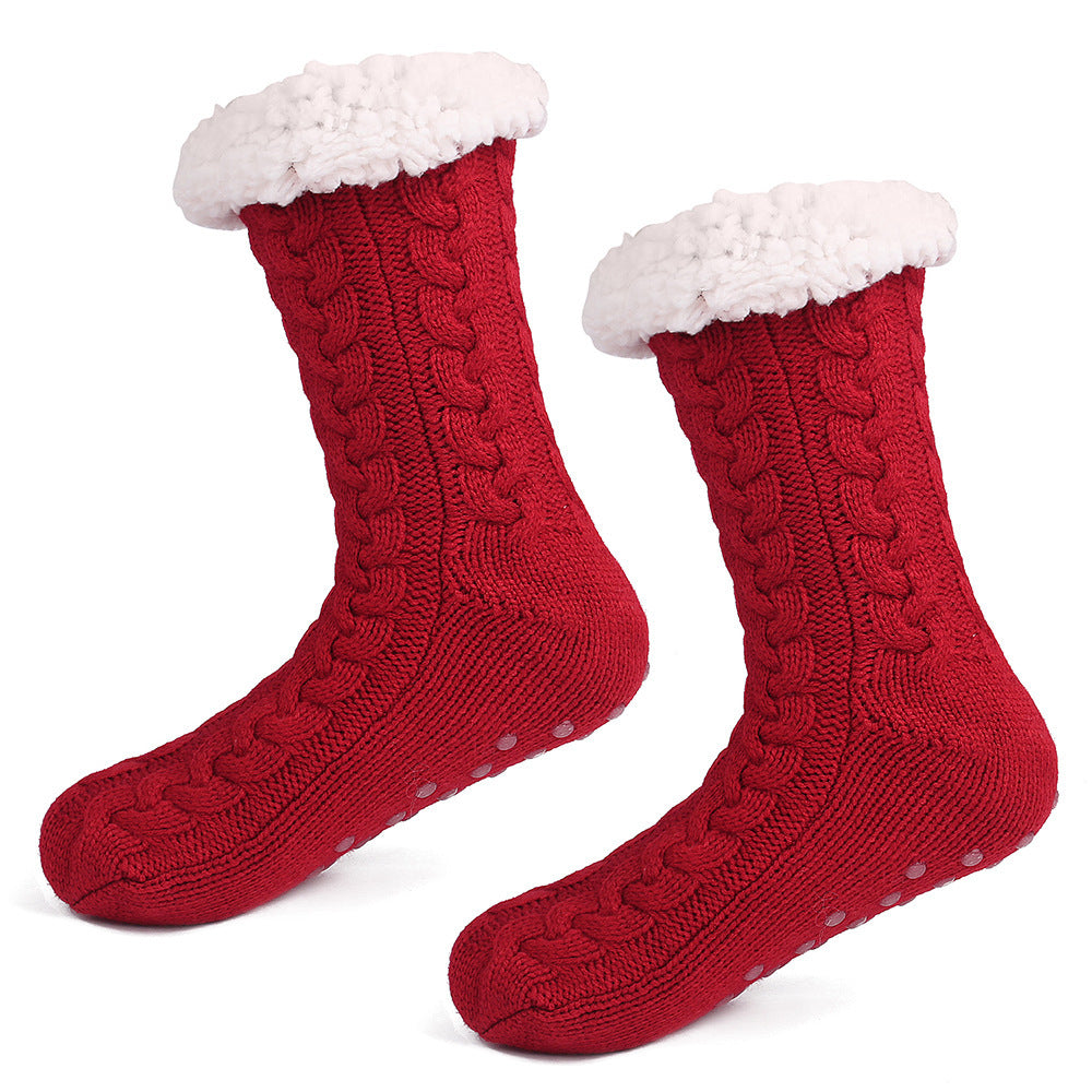 Red  Women's Fuzzy Slipper Socks - Warm Fleece Lined Thermal Cable Knit Socks with Non-Slip Grips