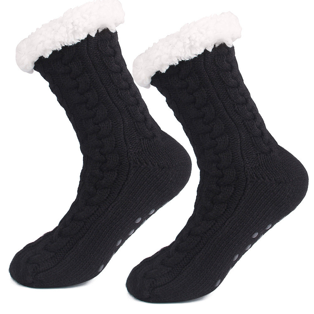 Black  Women's Fuzzy Slipper Socks - Warm Fleece Lined Thermal Cable Knit Socks with Non-Slip Grips