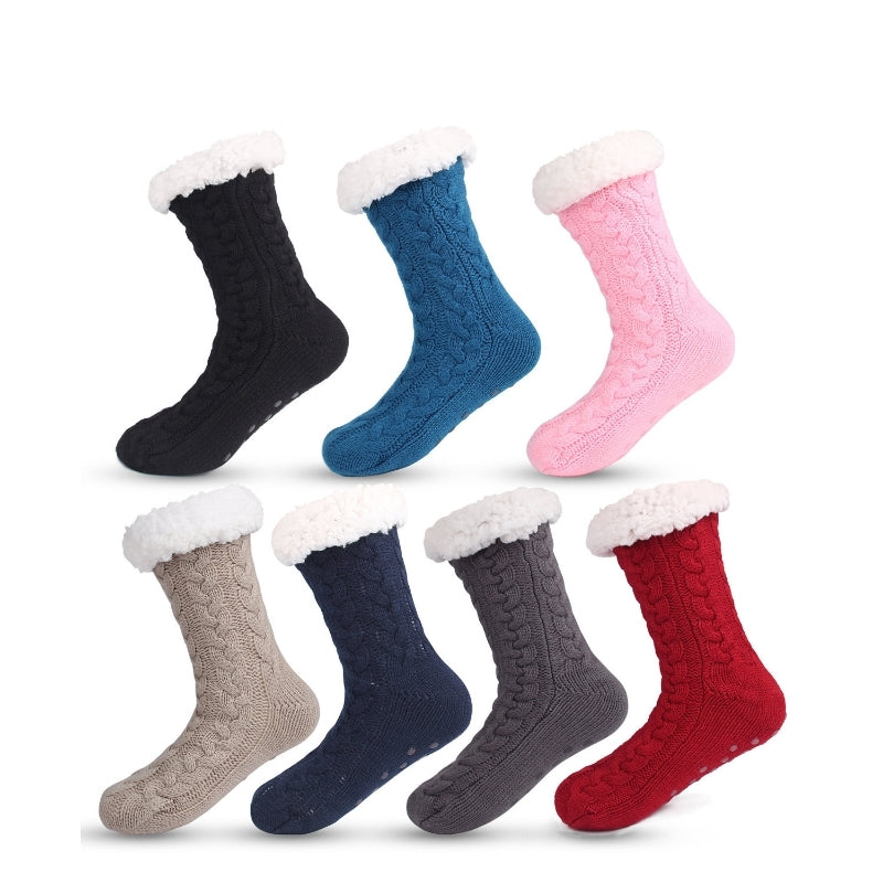 Black  Women's Fuzzy Slipper Socks - Warm Fleece Lined Thermal Cable Knit Socks with Non-Slip Grips 3