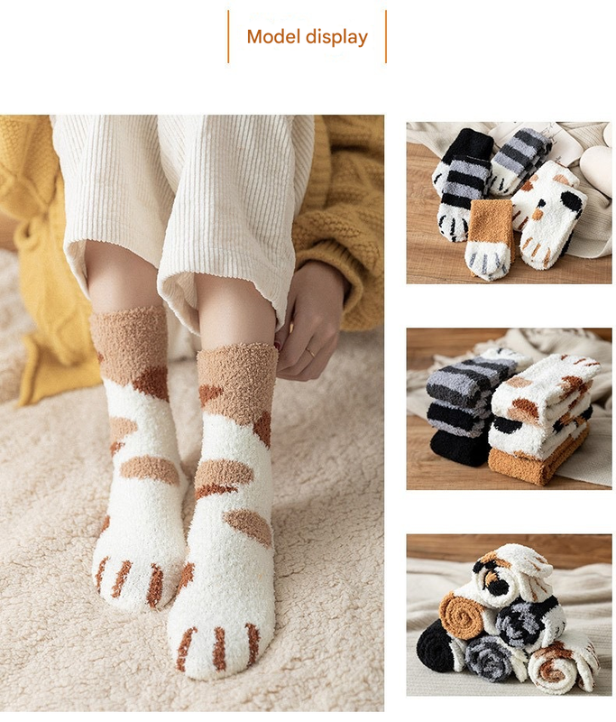 3-piece Black Cute Cat Paw Fuzzy Socks for Women - Plush Thermal Slipper Socks for Home & Lounging 3