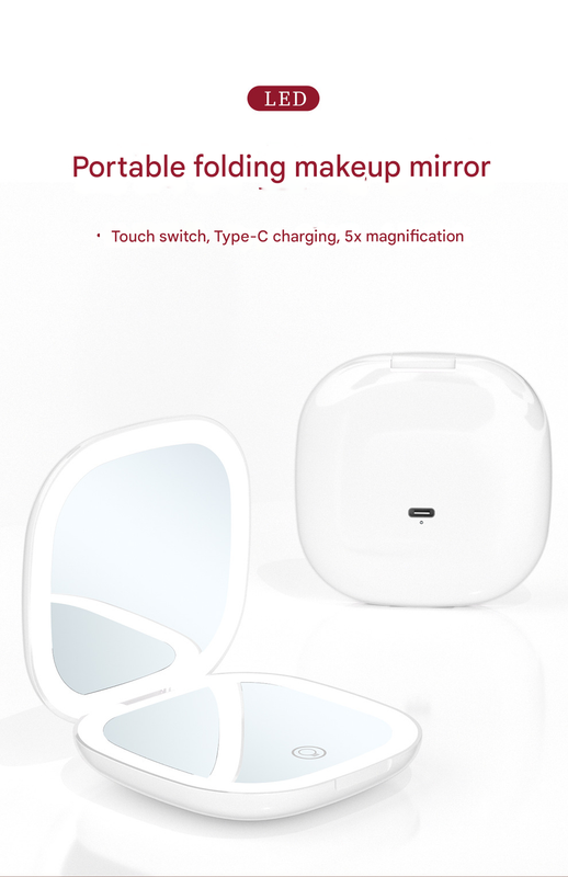2-piece White Portable LED Makeup Mirror - Rechargeable Compact with 3-Color Lights & 5x Magnification