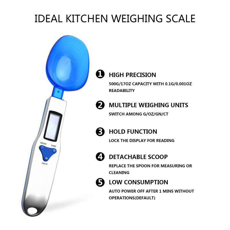 Blue High Precision Digital Spoon Scale - Electronic Measuring Scoop with 3 Heads for Kitchen & Baking(300g) 4