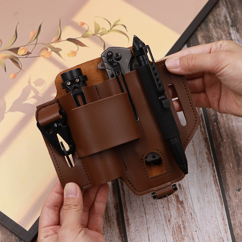 2-piece Black Outdoor EDC Tactical Tool Waist Bag - Multi-Functional Belt Storage Pouch with Flashlight, Copper Sleeve, and Survival Knife Holder