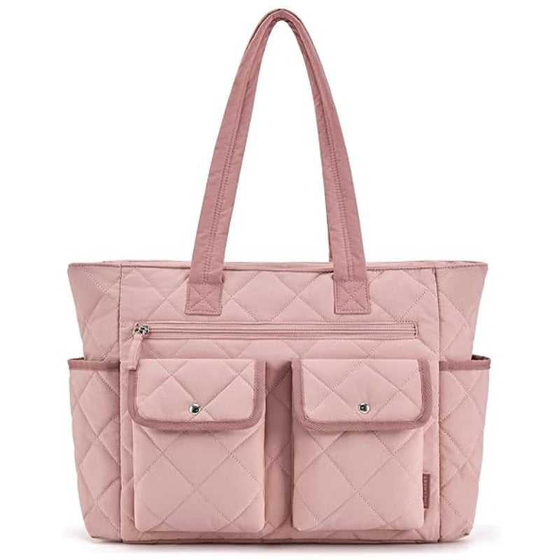 Pink Women's Multi-Pocket Tote Bag - Large Quilted Travel Handbag for Work, Gym, and More