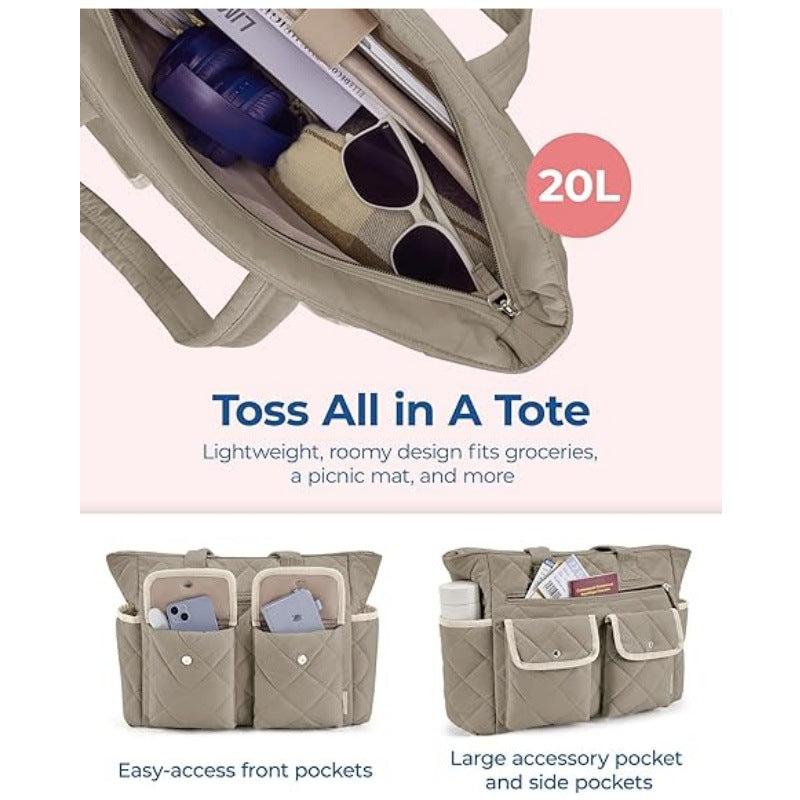 Pink Women's Multi-Pocket Tote Bag - Large Quilted Travel Handbag for Work, Gym, and More 4