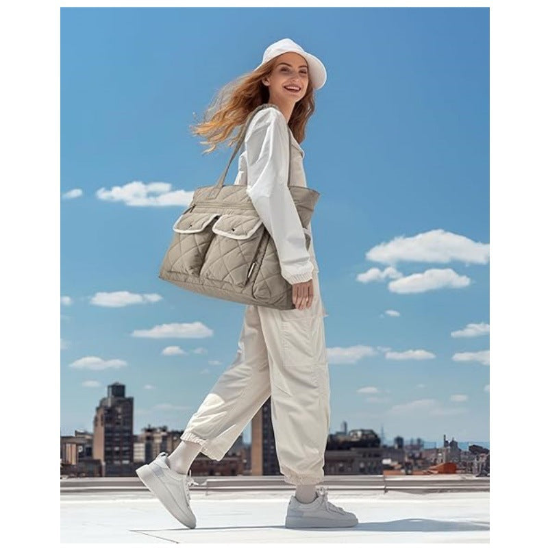 Pink Women's Multi-Pocket Tote Bag - Large Quilted Travel Handbag for Work, Gym, and More 6