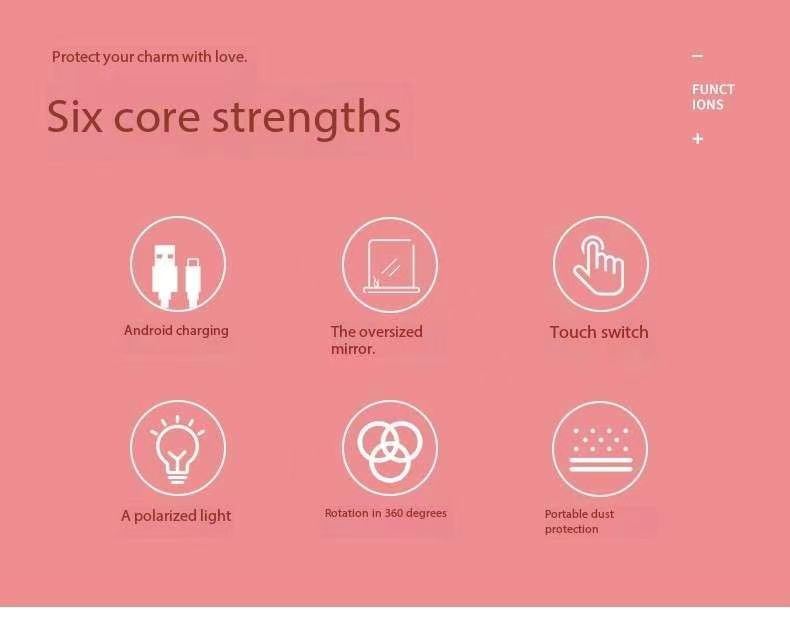 2-Piece Pink Portable LED Makeup Mirror with Brush - Foldable, Rotatable, and Rechargeable Travel Vanity Mirror 3