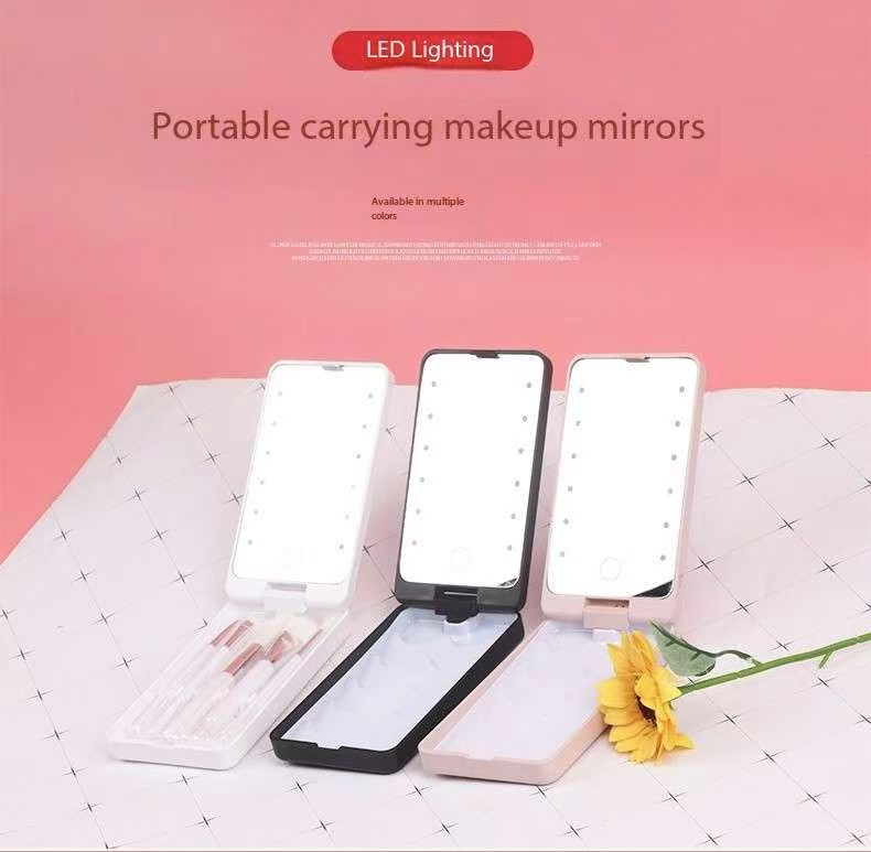 2-Piece White Portable LED Makeup Mirror with Brush - Foldable, Rotatable, and Rechargeable Travel Vanity Mirror