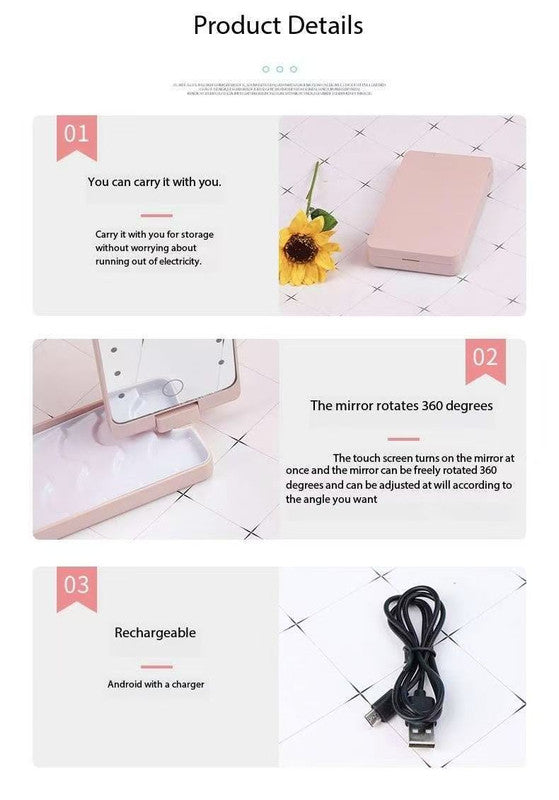 2-Piece White Portable LED Makeup Mirror with Brush - Foldable, Rotatable, and Rechargeable Travel Vanity Mirror 4