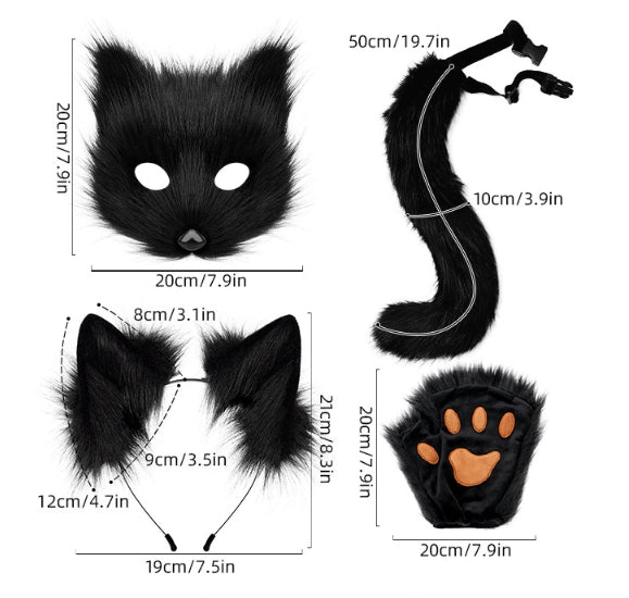 Black and white Halloween Furry Fox Costume Set - Plush Mask, Ears Headband, Tail, and Paws for Cosplay 6