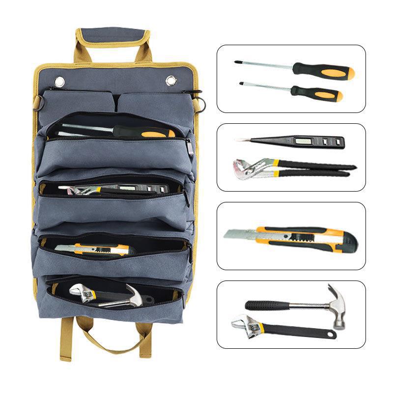 Black Heavy-Duty Roll-Up Tool Bag Organizer - Waterproof 1200D Fabric with 6 Pockets & Detachable Pouches 3