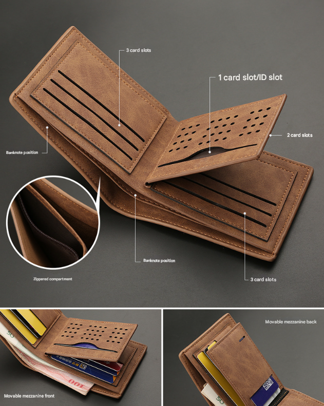 2-Piece Brown Men's Vintage Style Bifold Wallet | High-Capacity PU Leather with Removable Card Holder & Zip Coin Pocket 4