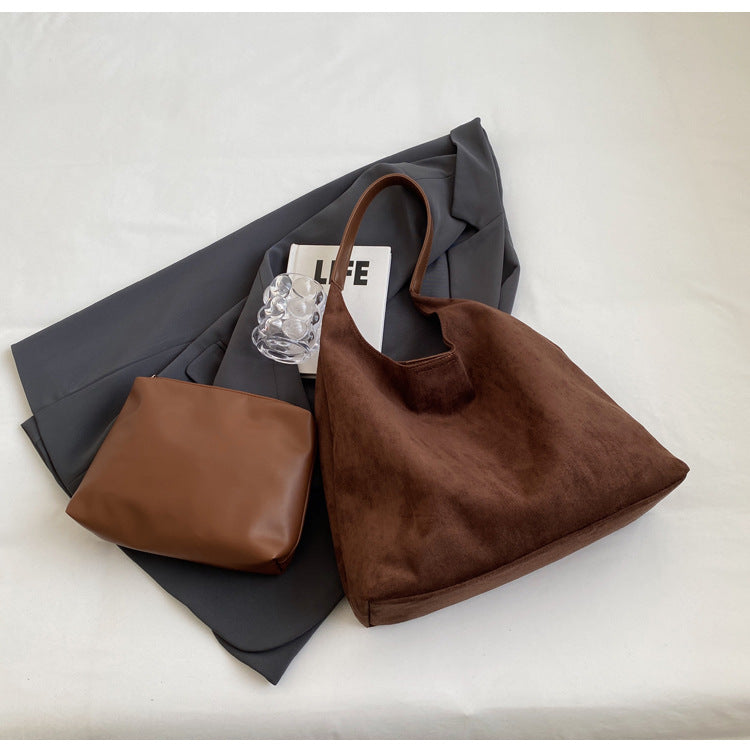 Brown Chic Faux Suede Tote Bag with Matching Pouch | Large Capacity Slouchy Shoulder Bag 3