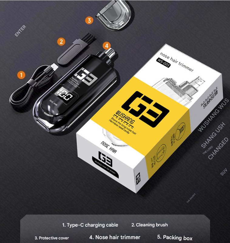 Orange Painless Electric Nose & Ear Hair Trimmer - USB-C Rechargeable Grooming Tool with LED Battery Display for Men and Women 6