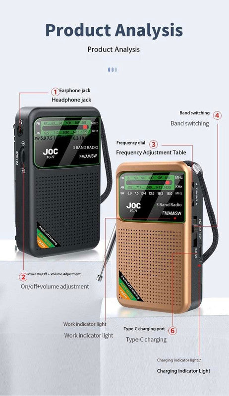 Black JOC TG-77 Multi-Band Rechargeable Radio for Seniors - Automatic Channel Search, FM/AM/SW Bands 4